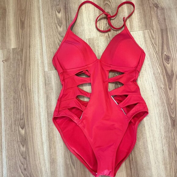 Kenneth Cole Woman's Red Cutout Halter Summer Beach One-Piece Swimsuit Sz Lr - Picture 9 of 10